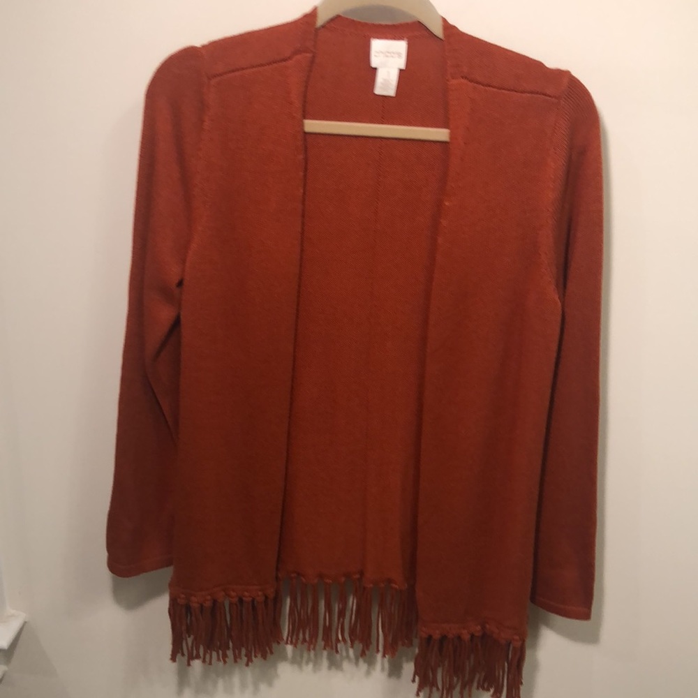 Chico’s fringed open front cardigan
